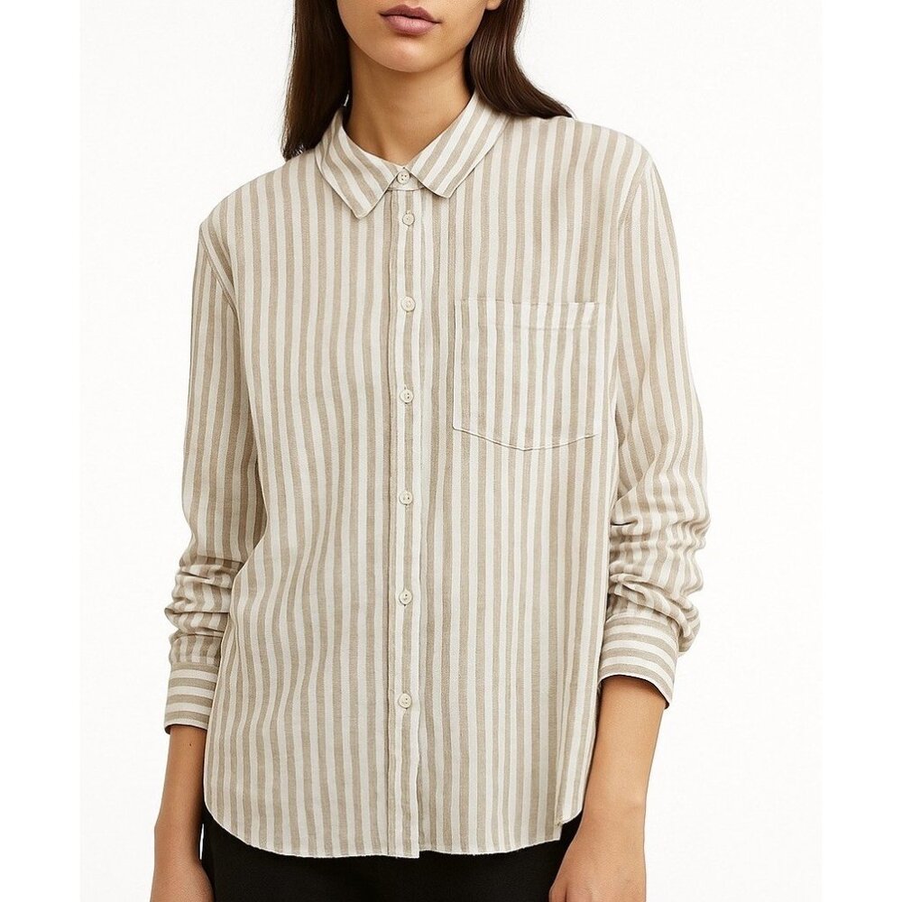 H&M Women’s 100% Linen Striped Button Up Shirt Beige M